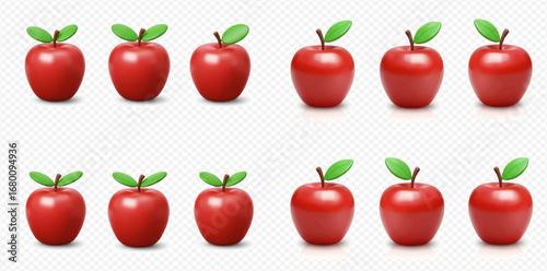 Twelve vibrant red apples with green leaves and stems arranged in two rows on a transparent background.