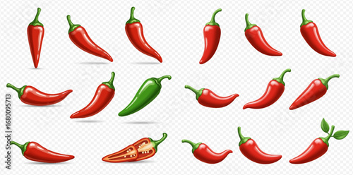 Collection of fresh red and green chili peppers in different positions, including one cut open.