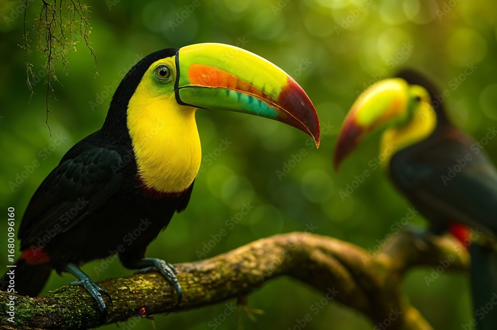 Naklejka premium Colorful Toucan Bird Perched on Branch in Tropical Green Forest