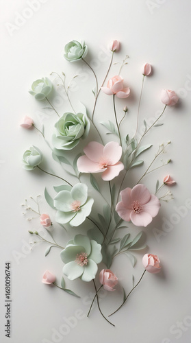delicate pastel green pink floral arrangement wall decor clean background floral frame botanical design suitable for copyspace and text template and wallpaper background