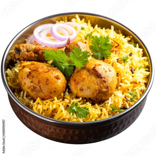 Golden rice dish with spiced chicken and garnish