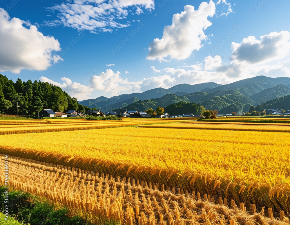 Fototapeta premium Golden harvested rice fields in Japanese countryside, blue sky, photorealism, 8K