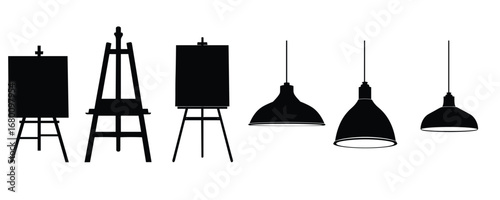easel and hanging lamp silhouette set graphic resources vector illustration