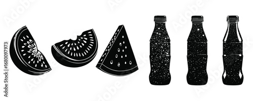 fruit and soda bottle silhouette set food and drink vector illustration