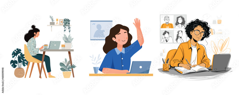 Obraz premium flat vector illustration of woman working remotely with laptop and headset