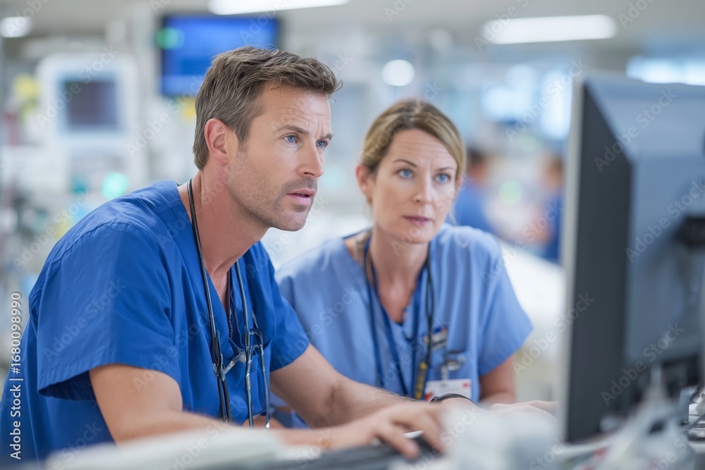 Obraz premium A clinical pharmacist and a nurse collaborate on a patient's medication plan in the ICU. Concept for critical care teamwork.