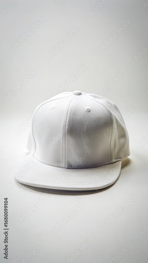 Fototapeta premium Simple white snapback cap on a plain white background with a subtle texture effect