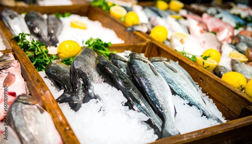 Fresh fish on ice in wooden crates at a market