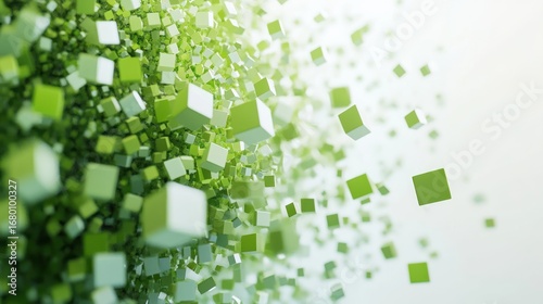 Abstract 3D Green Cube Explosion with White Background