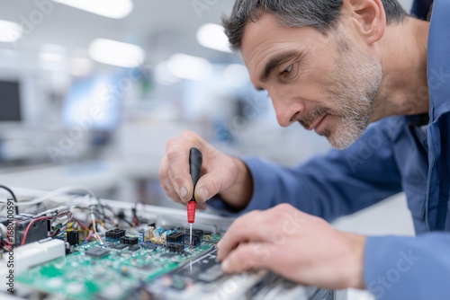 A biomedical engineer repairs a complex CT scanner. Concept for medical equipment service, maintenance, and technical support.