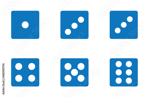 Dice graphic icon. White, Blue game dice cubes from one to six dots. Gambling objects to play in casino, poker. Six faces of cube. Traditional die with numbers of dots from 1 to 6. Vector.