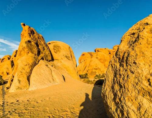 Golden rock formations under a clear sky