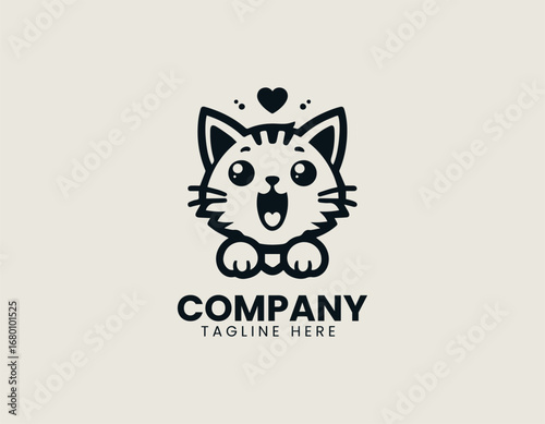 Cute meowing kitten silhouette illustration designed as simple vector logo in black graphic style
