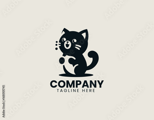 Cute meowing kitten silhouette illustration designed as simple vector logo in black graphic style