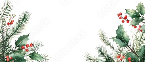 Watercolor Painting of Holly and Pine Branches with Red Berries