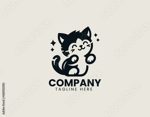 Cute meowing kitten silhouette illustration designed as simple vector logo in black graphic style