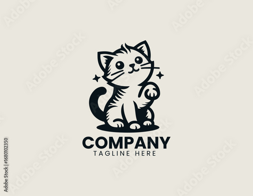 Cute meowing kitten silhouette illustration designed as simple vector logo in black graphic style