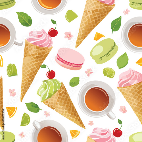 Seamless pattern of ice cream cones macarons and cups of tea with fruit tea cup cherry