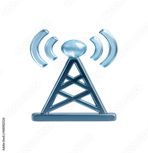 Blue signal tower with radiating waves antenna broadcast