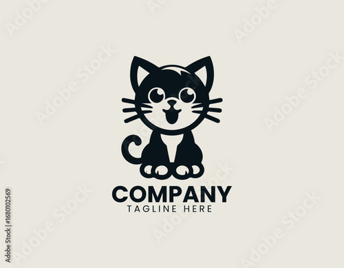 Cute meowing kitten silhouette illustration designed as simple vector logo in black graphic style