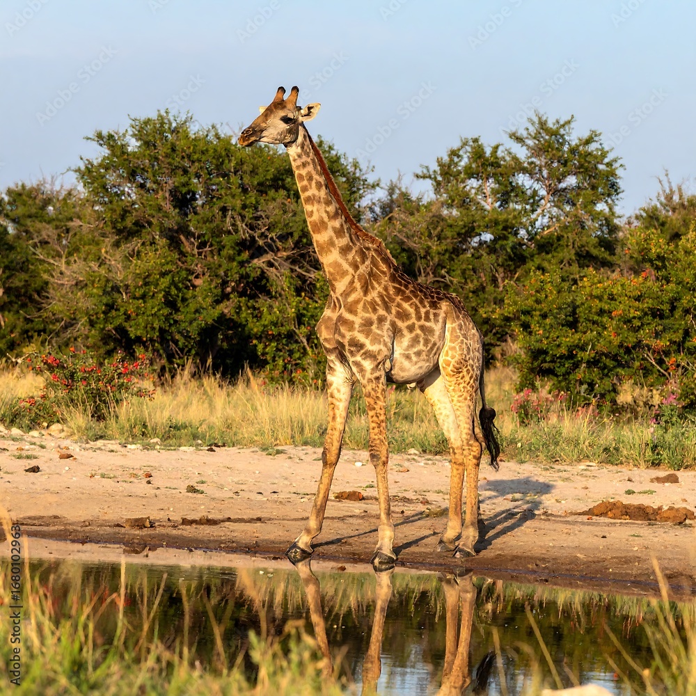 Obraz premium Majestic Giraffe Standing Gracefully by a Waterhole in African Savannah.