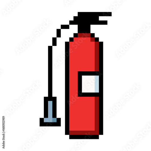 Pixel extinguisher icon vector for fire safety, emergency, and protection. Useful for illustrating a simple, retro, 8-bit aesthetic for a safety app or a website.