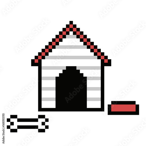 Pixel dog house vector for pets, animals, and home themes. Useful for illustrating a simple, retro, 8-bit aesthetic for a pet app or a website