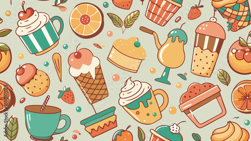 Whimsical cartoon dessert pattern with ice cream cups and fruit slices cupcake sweet