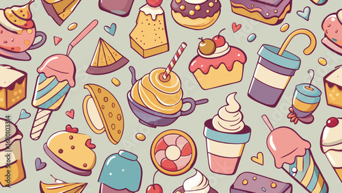 Cute cartoon desserts and drinks with hearts and sprinkles pattern food sweet