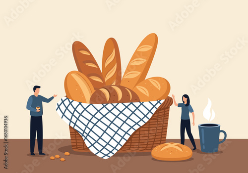 Basket overflowing with delicious freshly baked bread and coffee ready for breakfast