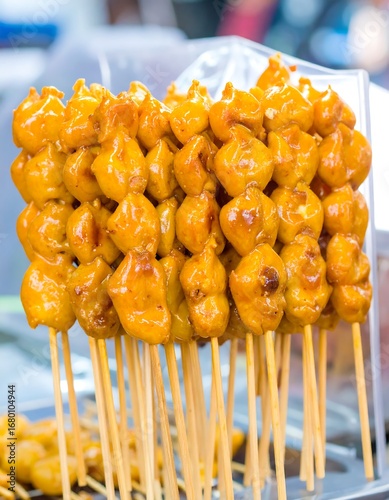 Golden skewers of grilled food