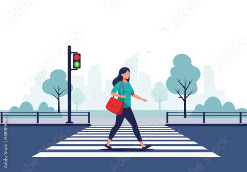 Woman crossing a busy city street at a pedestrian crossing with a traffic light showing green for pedestrians