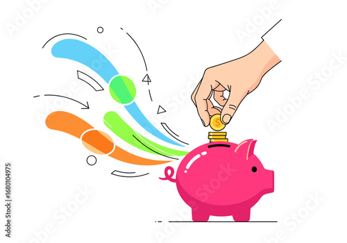 Illustrating financial growth concept with piggy bank and money flow arrows demonstrating investment savings and wealth accumulation strategies for economic prosperity