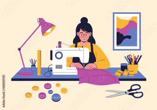 Creative young woman engaged in sewing projects at her desk with craft supplies and sewing machine