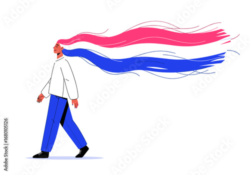 Woman with long wavy hair flowing behind her in blue and pink colors representing freedom and individuality