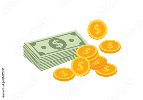Financial growth and saving money with cash and coins accumulating over time illustrating prosperity