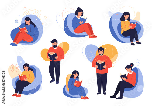 Diverse group of people enjoying leisure time reading books in comfortable seating arrangements indoors
