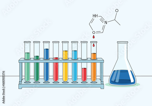 Visualizing scientific chemistry research and laboratory experiments with chemical molecules and test tubes in a rack with flask