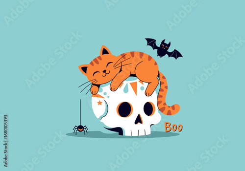 Adorable orange tabby cat napping peacefully on a decorated sugar skull with a bat and spider for halloween
