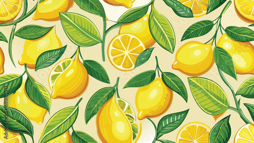 Yellow lemons and green leaves on a light yellow background seamless pattern citrus