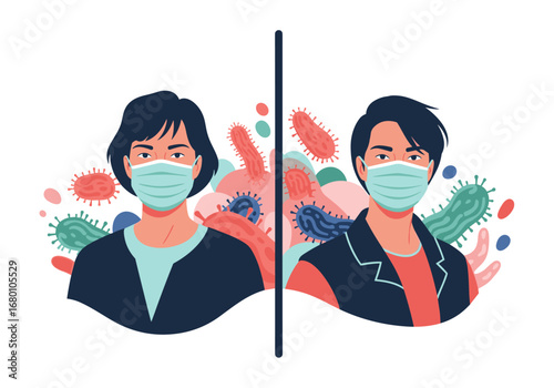 Illustrating the contrast between wearing protective face masks and not wearing them during viral outbreaks and pandemics
