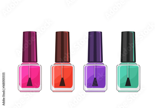 Four vibrant bottles of nail polish in assorted colors and styles
