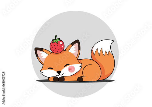 Adorable illustration of a sleeping fox with a strawberry balanced on its head a cute and charming woodland creature enjoying a peaceful rest