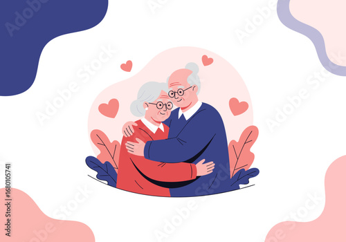 A beautiful illustration capturing the enduring love and affection between an elderly couple embracing warmly
