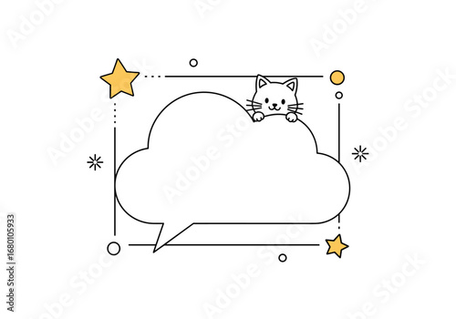 Charming decorative frame featuring a cute playful cat peeking over a speech bubble surrounded by stars and sparkles
