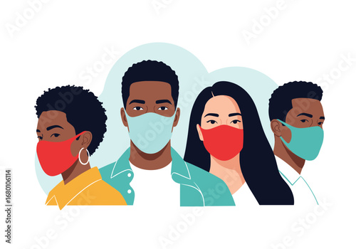Diverse group of people wearing protective face masks during pandemic health crisis