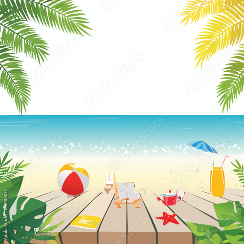 Beach scene with deck chairs beach ball and tropical drinks ocean sand