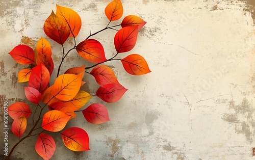 Autumn leaves on a textured backdrop, red, orange, and brown hues create a warm and inviting scene