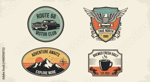 A collection of four vintagestyle illustrated emblems with Americana adventure and coffee themes.