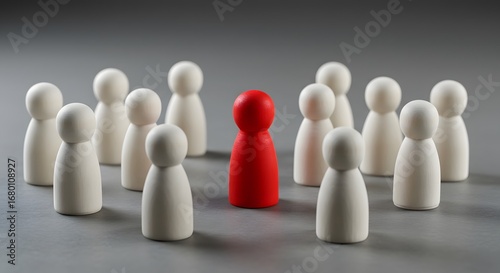 Single Red Wooden Peg Doll Stands Out Among White Crowd